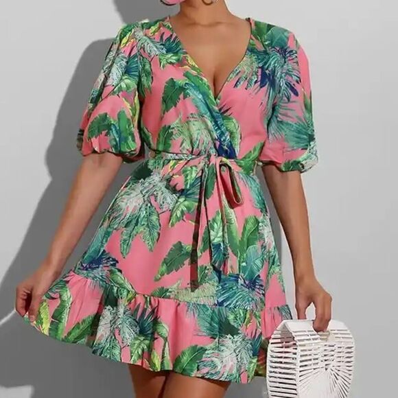 Flying Tomato B-Neck Wrap Tropic Leaf Leaves Print Dress with Puff Short Sleeves - Picture 2 of 11